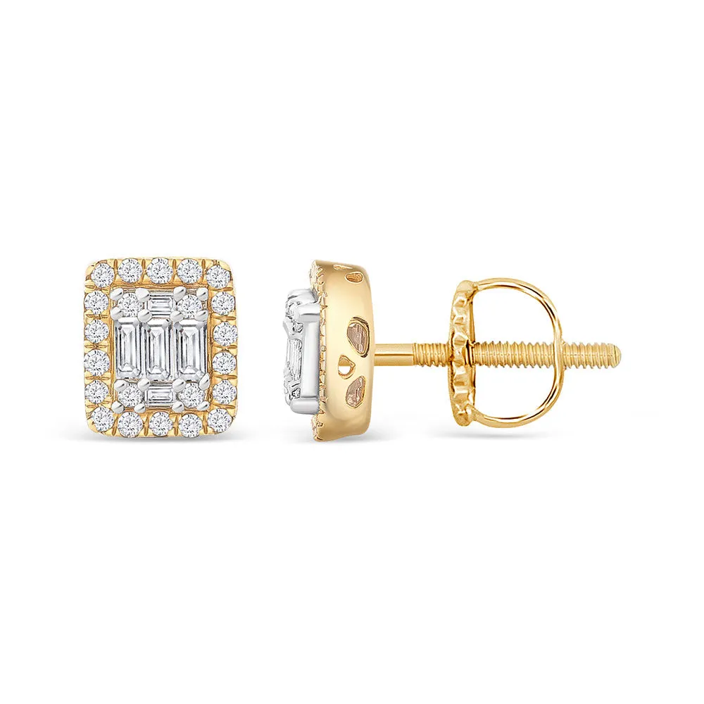 14k Solid Gold Diamond Halo Rectangle Stud Men's Earrings .30 CTW