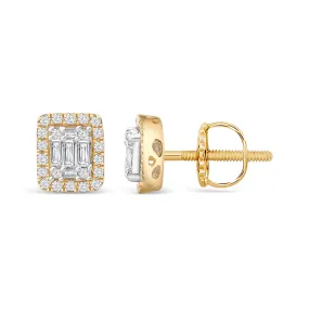 14k Solid Gold Diamond Halo Rectangle Stud Men's Earrings .30 CTW