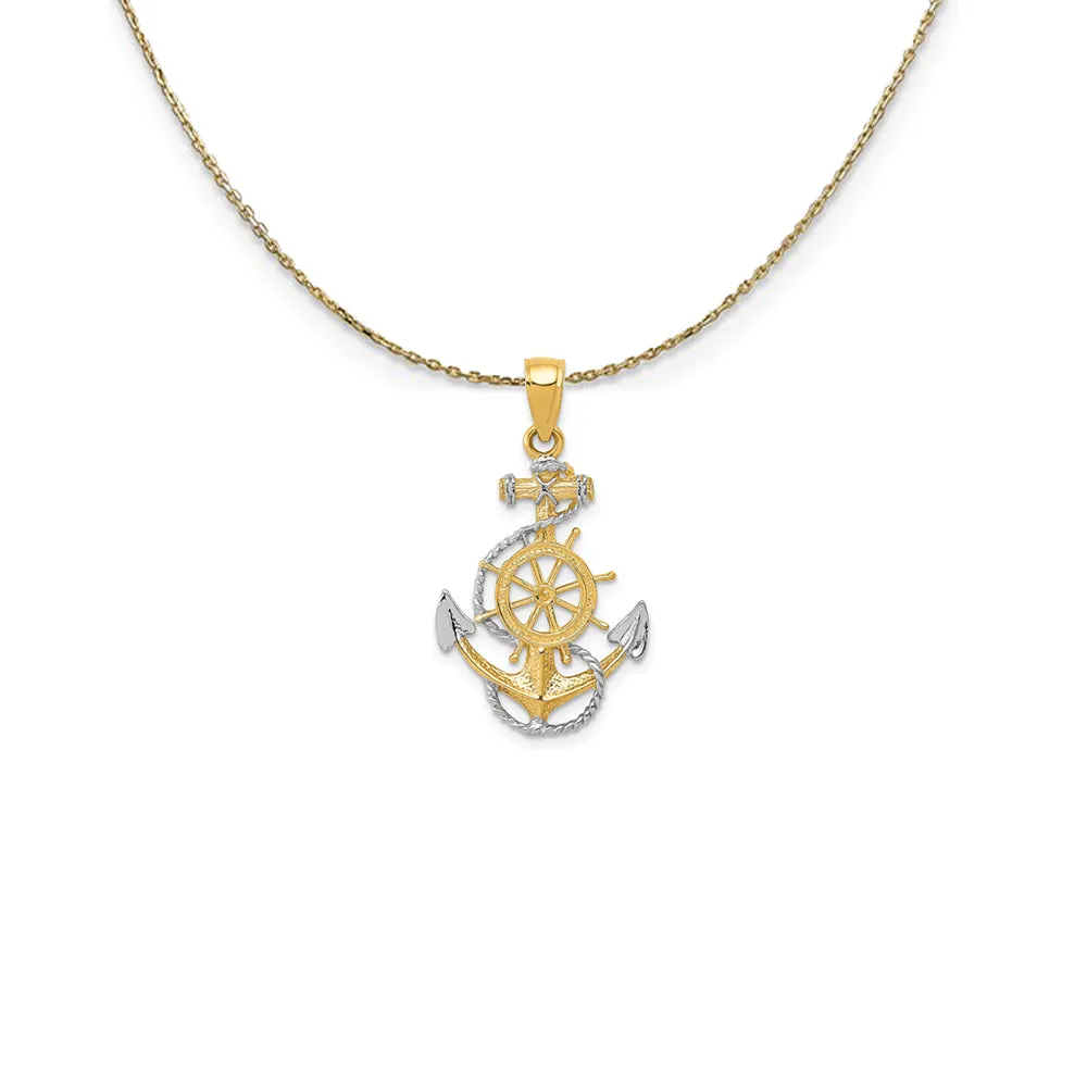 14k Yellow Gold & Rhodium Anchor, Ship's Wheel & Rope Necklace