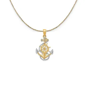 14k Yellow Gold & Rhodium Anchor, Ship's Wheel & Rope Necklace