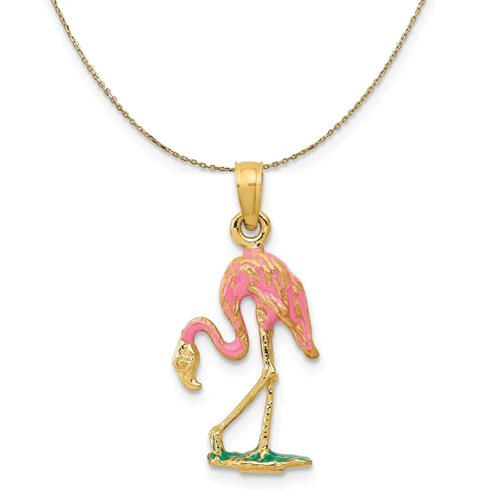 14k Yellow Gold and Enamel Small 3D Pink Flamingo Necklace