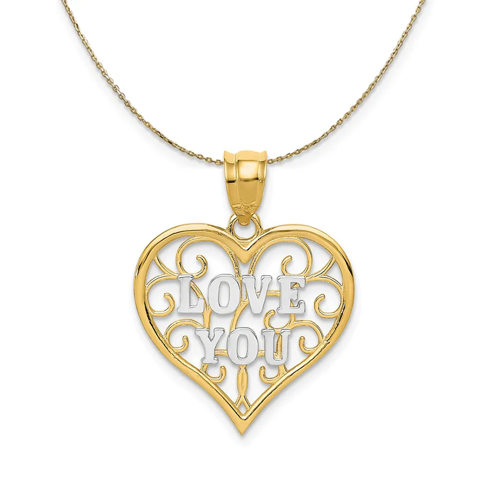 14k Yellow Gold and Rhodium Filigree Love You Necklace