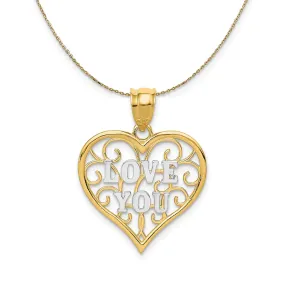 14k Yellow Gold and Rhodium Filigree Love You Necklace