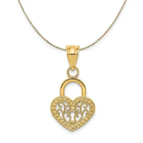 14k Yellow Gold Filigree Heart Key Hole Lock Necklace