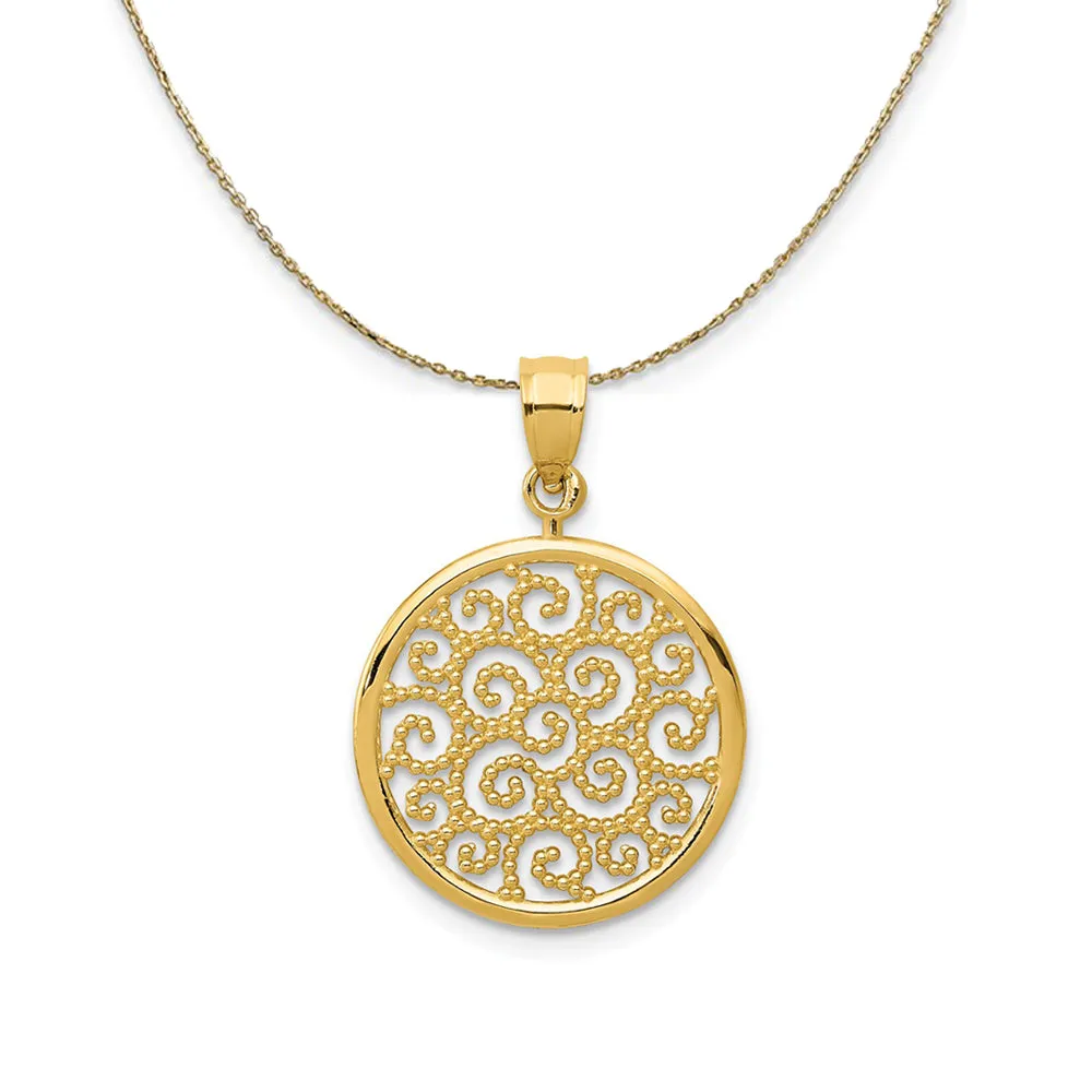 14k Yellow Gold Filigree Scroll Circle Necklace