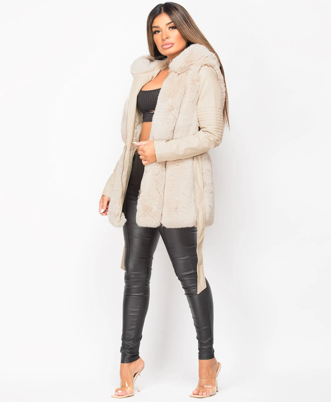 Beige PU PVC Faux Leather Fur Trim Hooded Coat Jacket