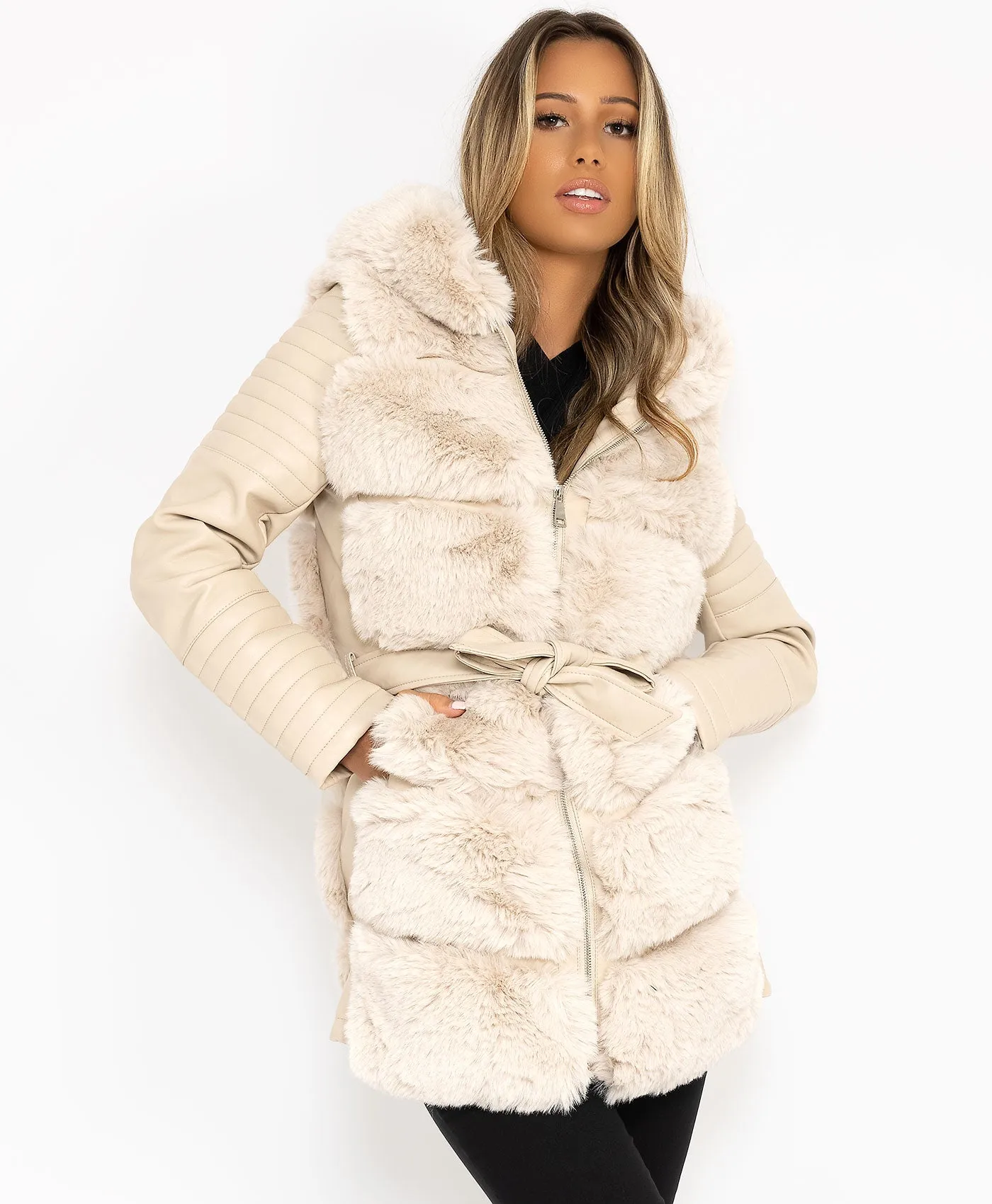 Beige Tiered Faux Fur Trim PU PVC Hooded Coat Jacket