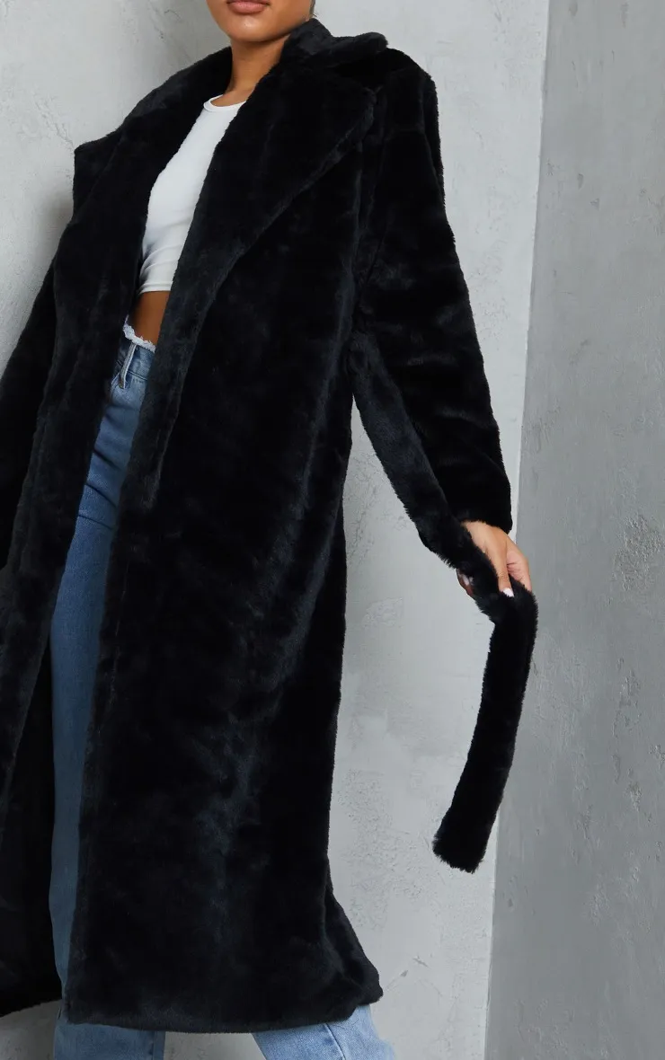 Black Belted Faux Fur Coat | Coats & Jackets