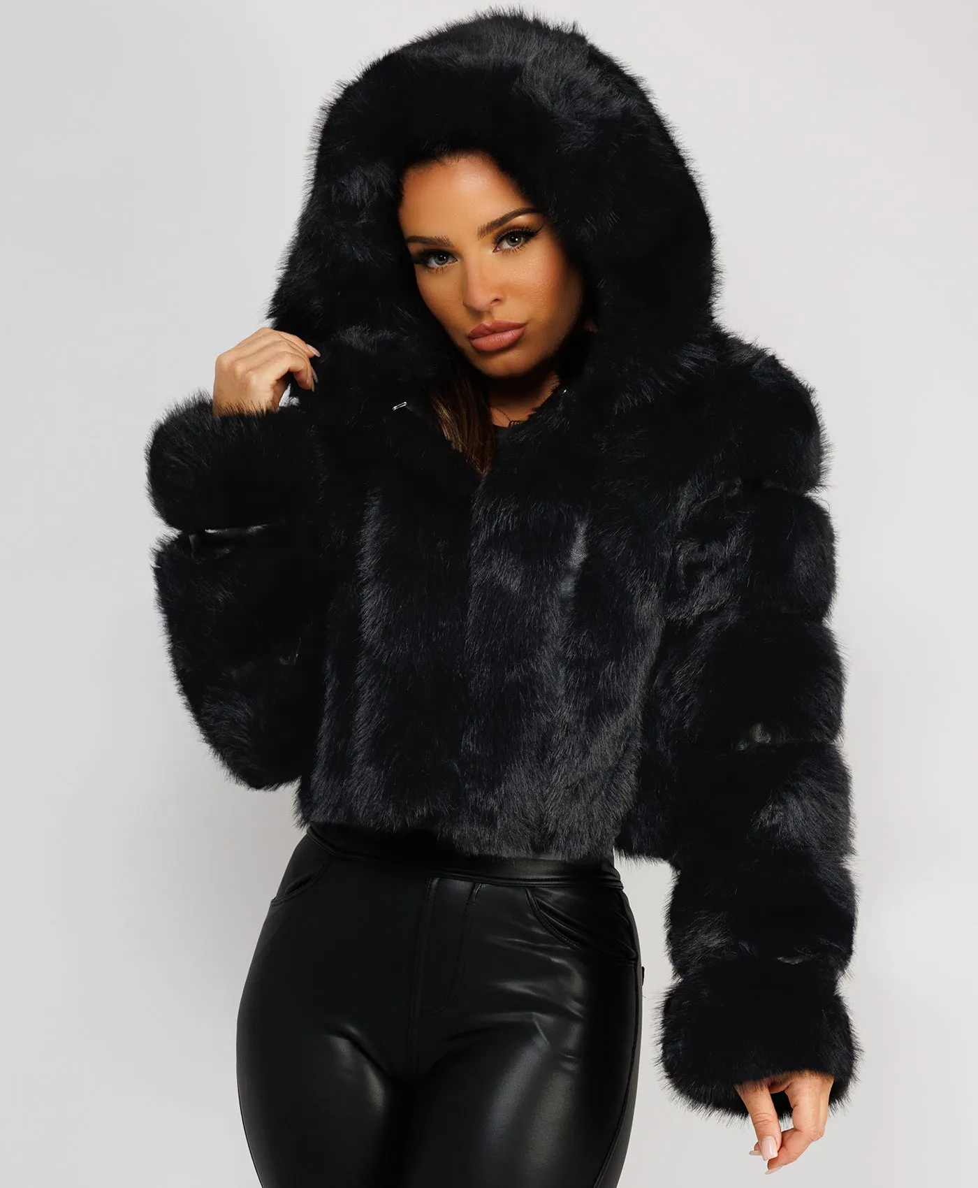 Black Faux Fur Striped Panel Hooded Coat Jacket