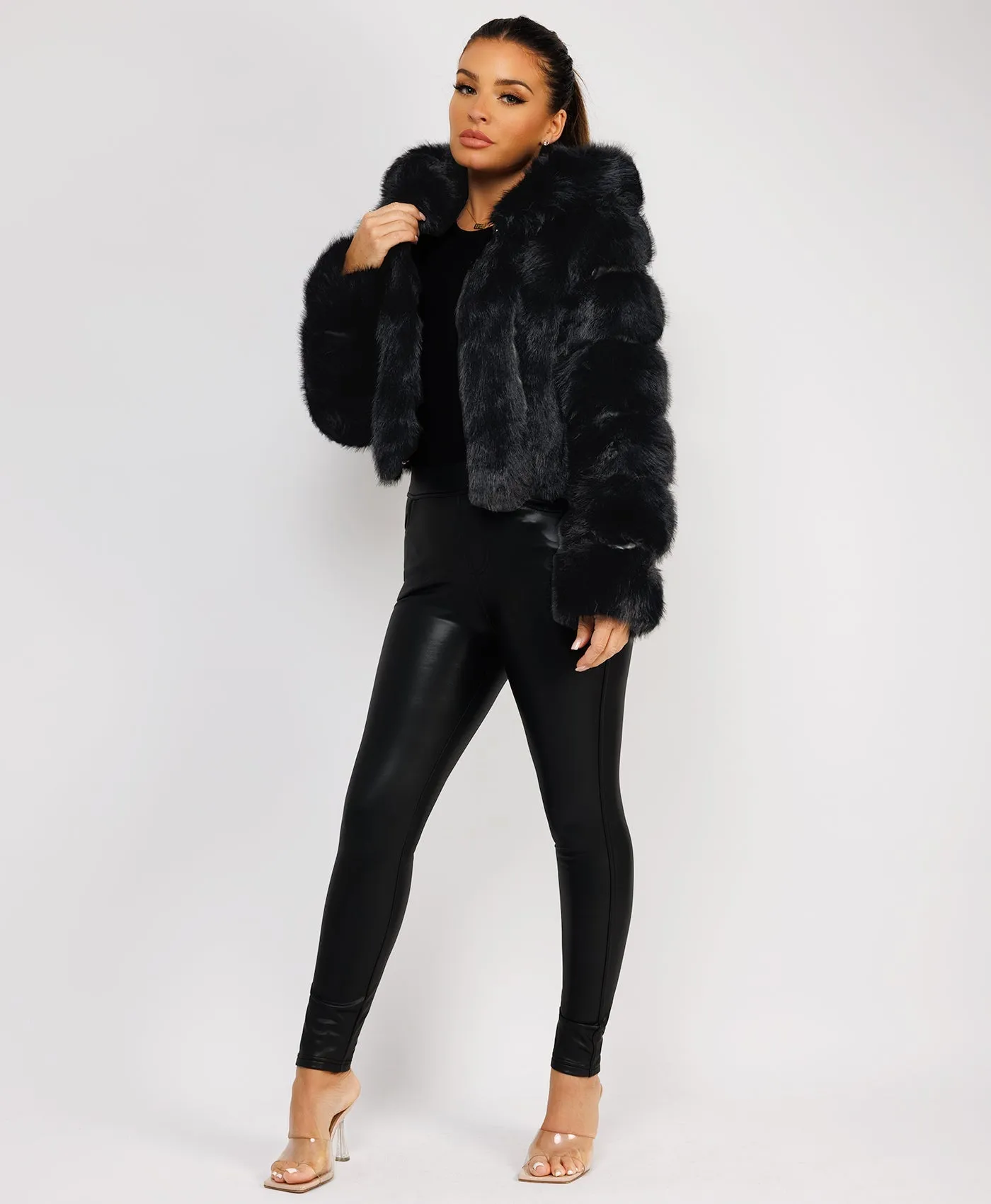 Black Faux Fur Striped Panel Hooded Coat Jacket