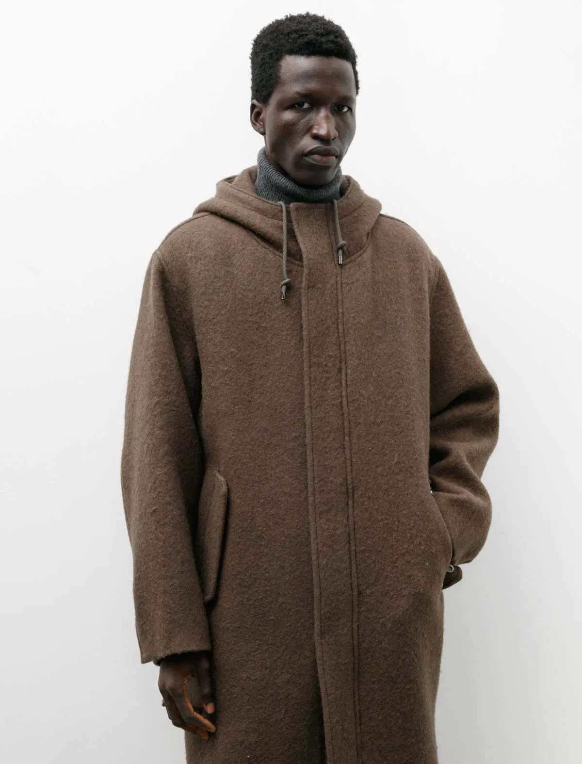 Brushed Alpaca Wool Melton Hooded Coat - Dark Olive