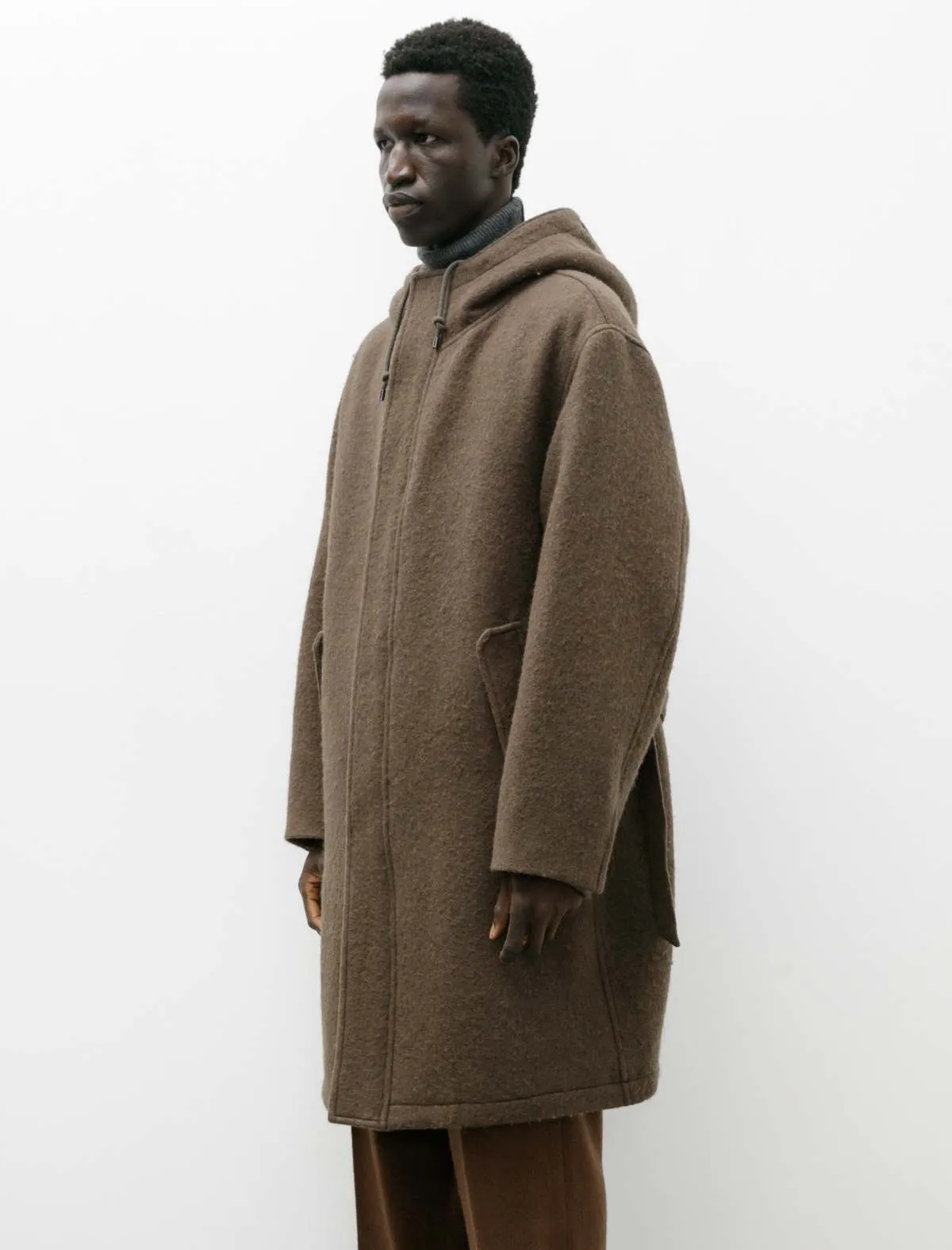 Brushed Alpaca Wool Melton Hooded Coat - Dark Olive