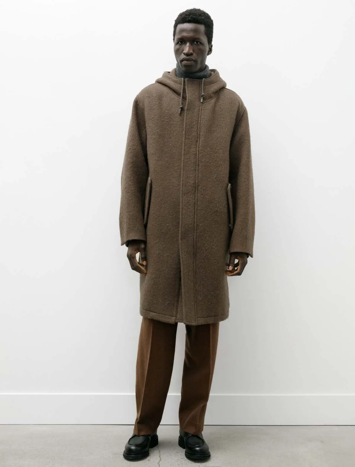 Brushed Alpaca Wool Melton Hooded Coat - Dark Olive