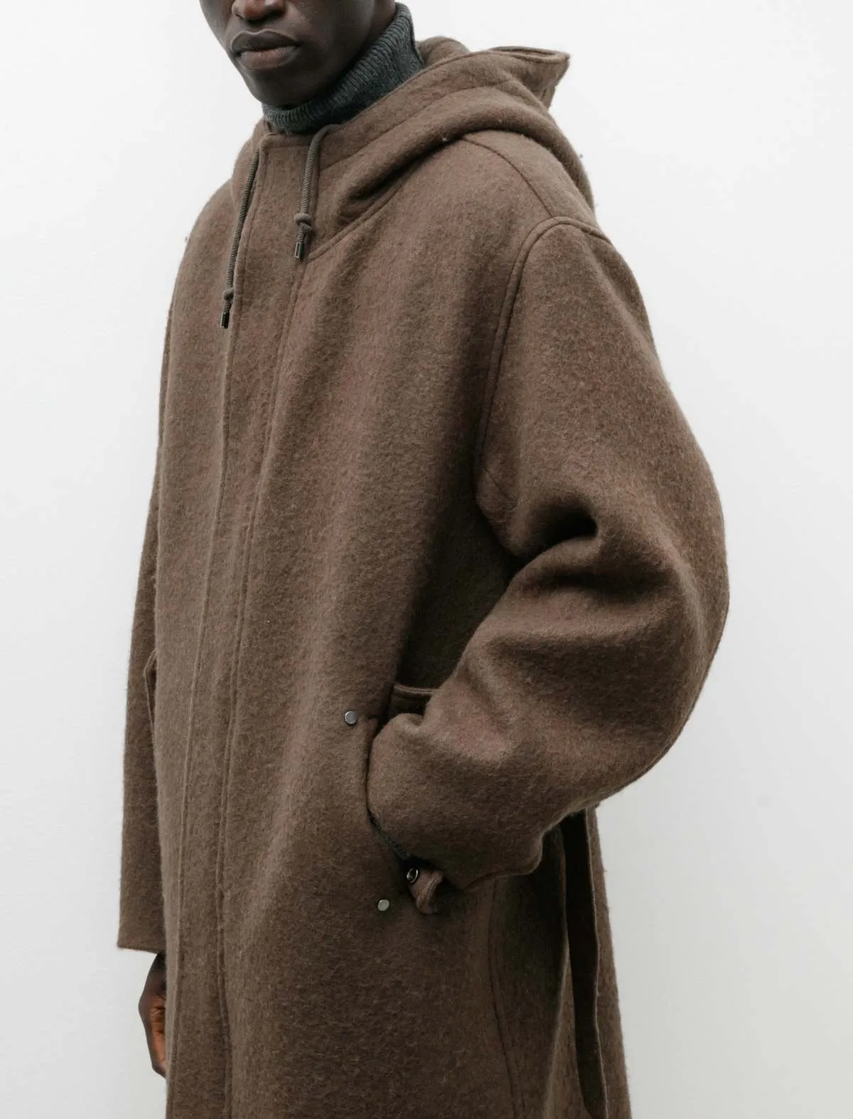 Brushed Alpaca Wool Melton Hooded Coat - Dark Olive