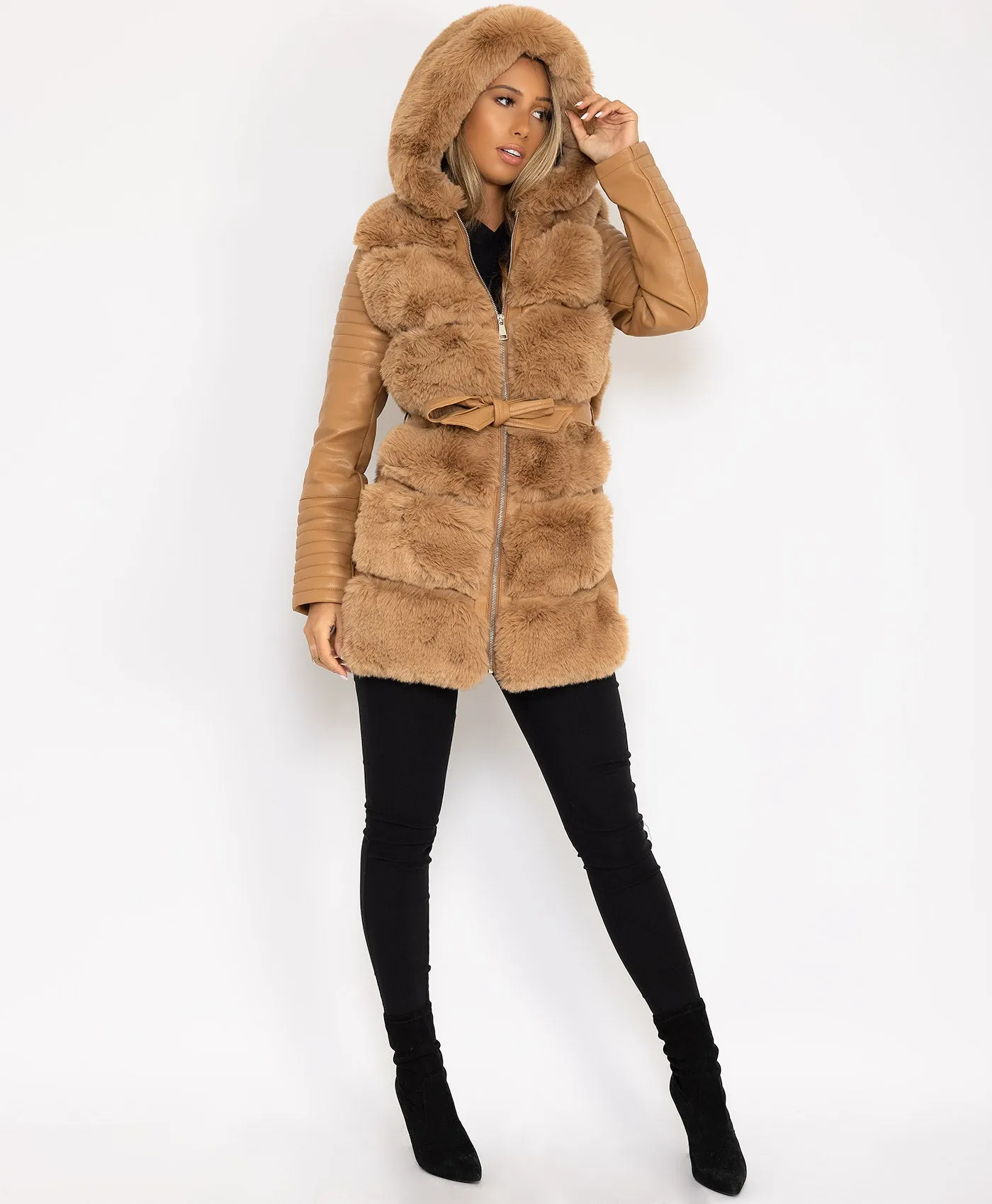 Camel Tiered Faux Fur Trim PU PVC Hooded Coat Jacket