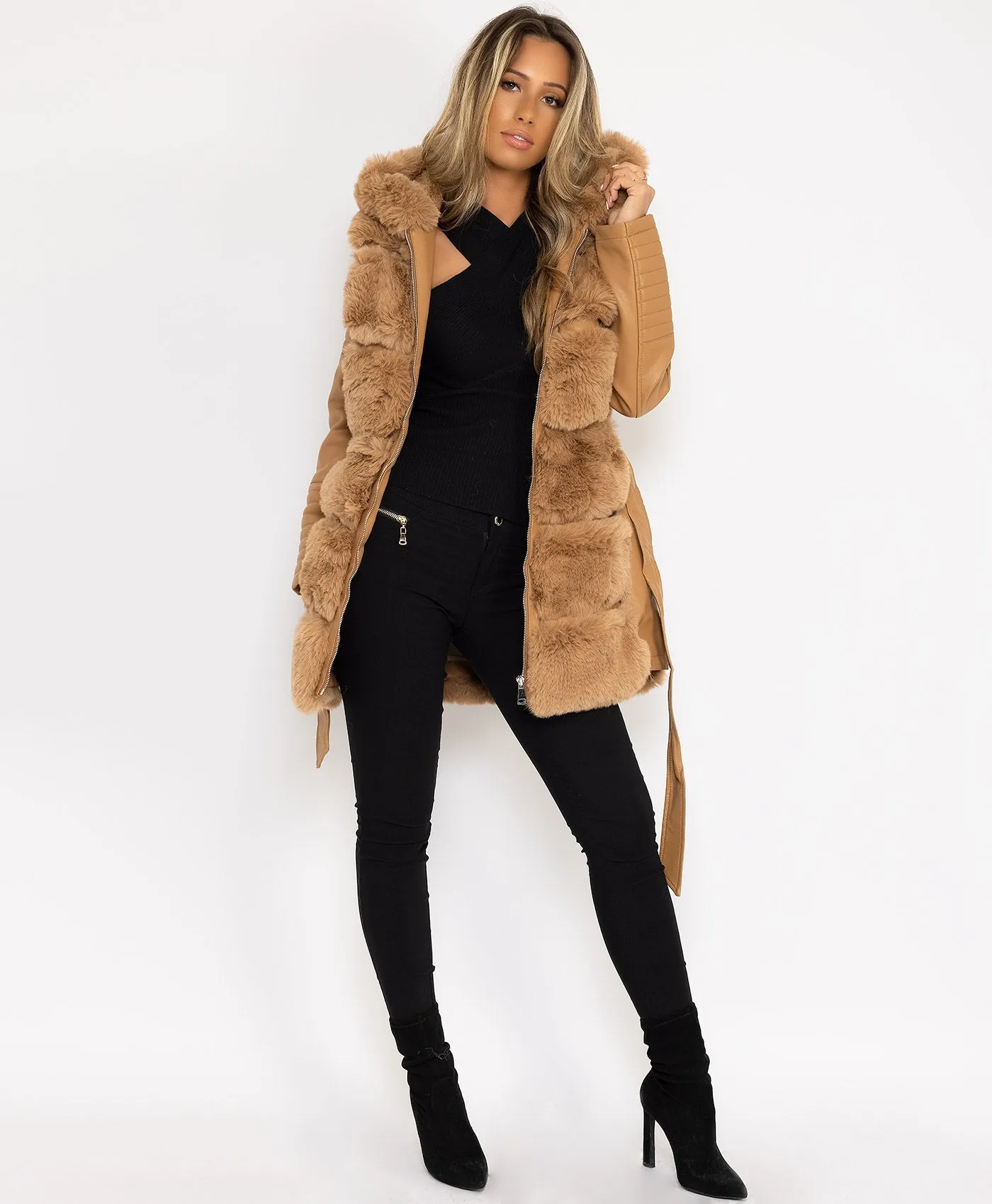 Camel Tiered Faux Fur Trim PU PVC Hooded Coat Jacket