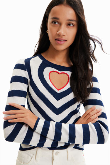 Desigual Striped Heart Cut-out Fitted Pullover