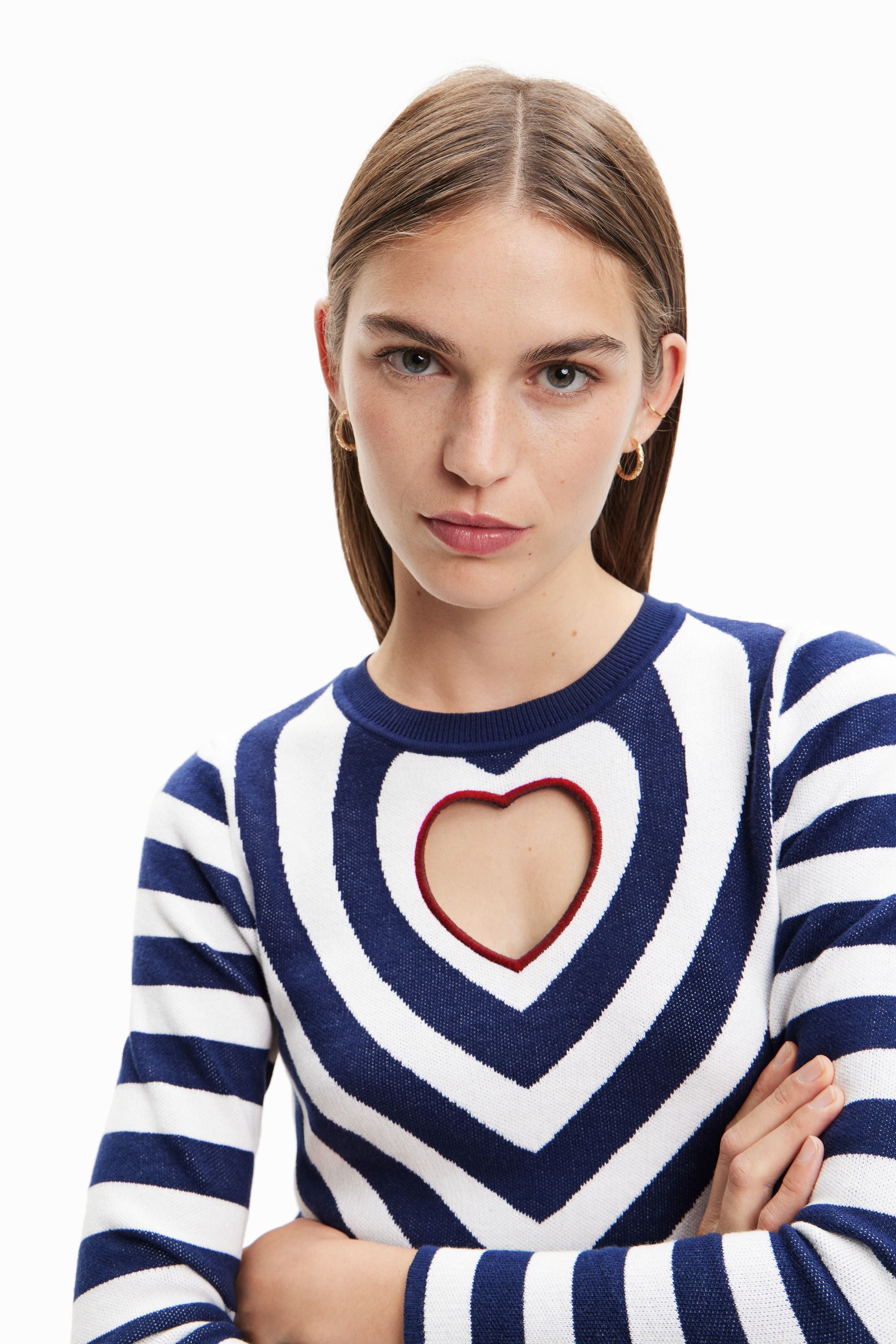 Desigual Striped Heart Cut-out Fitted Pullover