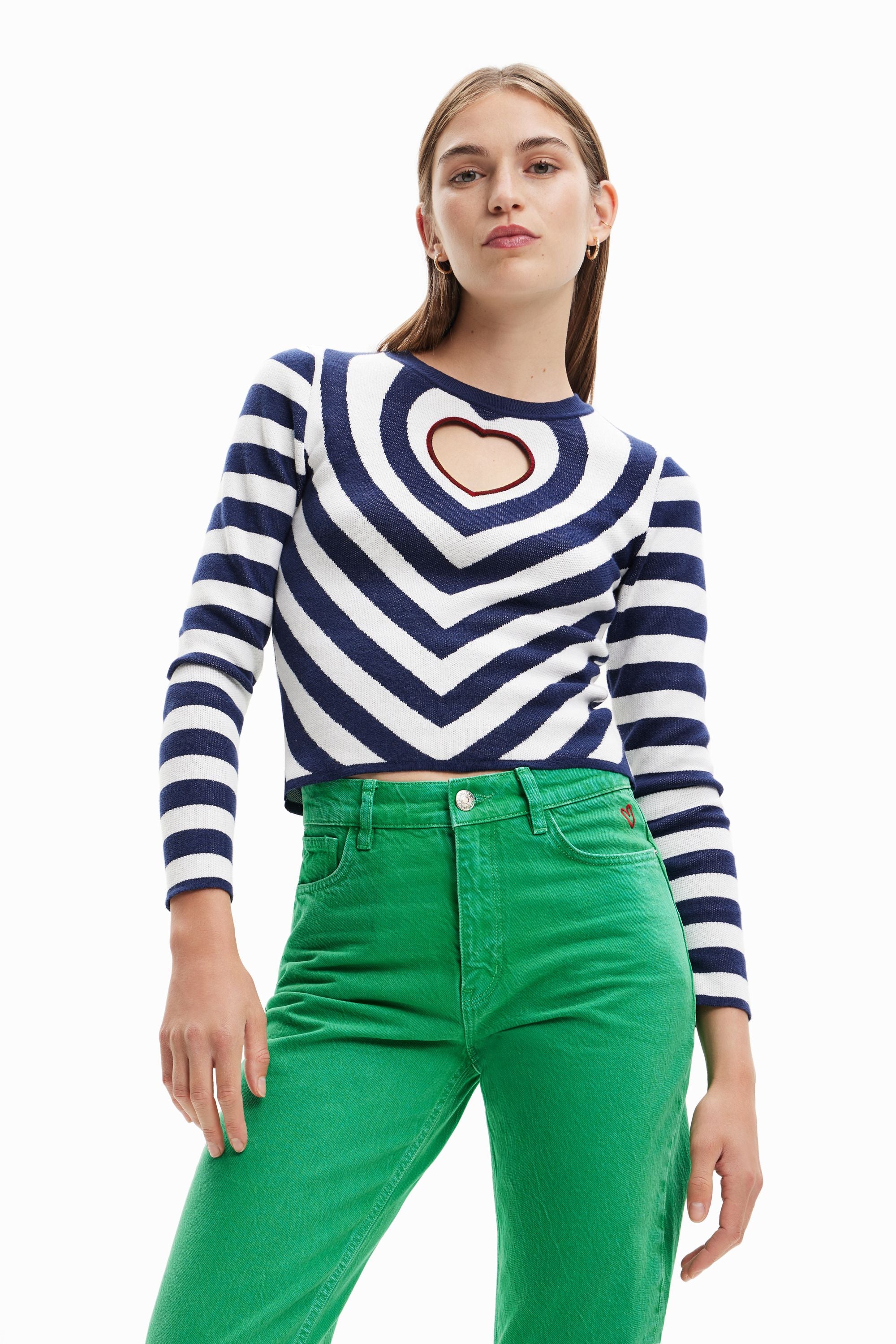 Desigual Striped Heart Cut-out Fitted Pullover