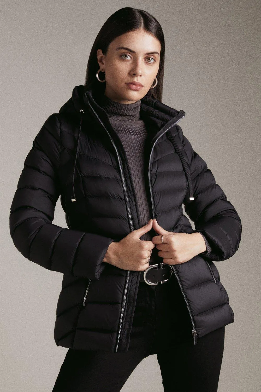 Down Filled Packable Short Hooded Coat | Karen Millen