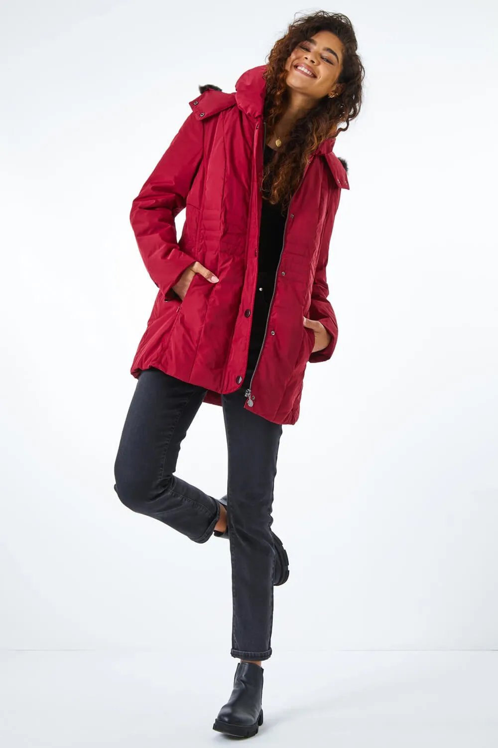 Faux Fur Trim Hooded Coat in Red - Roman Originals UK