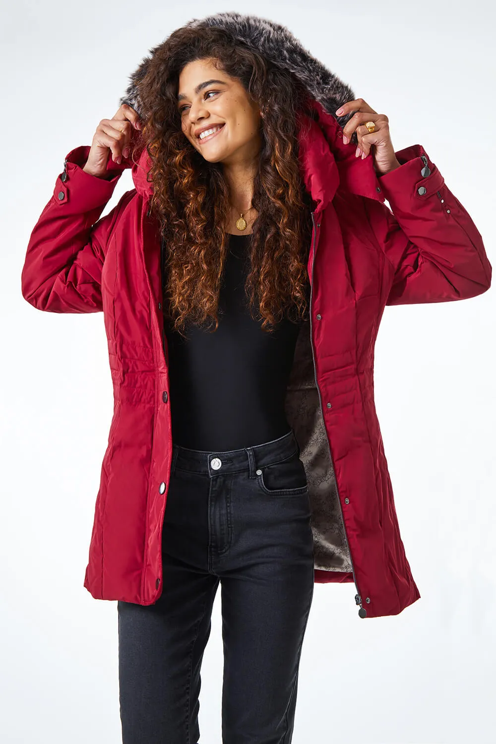 Faux Fur Trim Hooded Coat in Red - Roman Originals UK