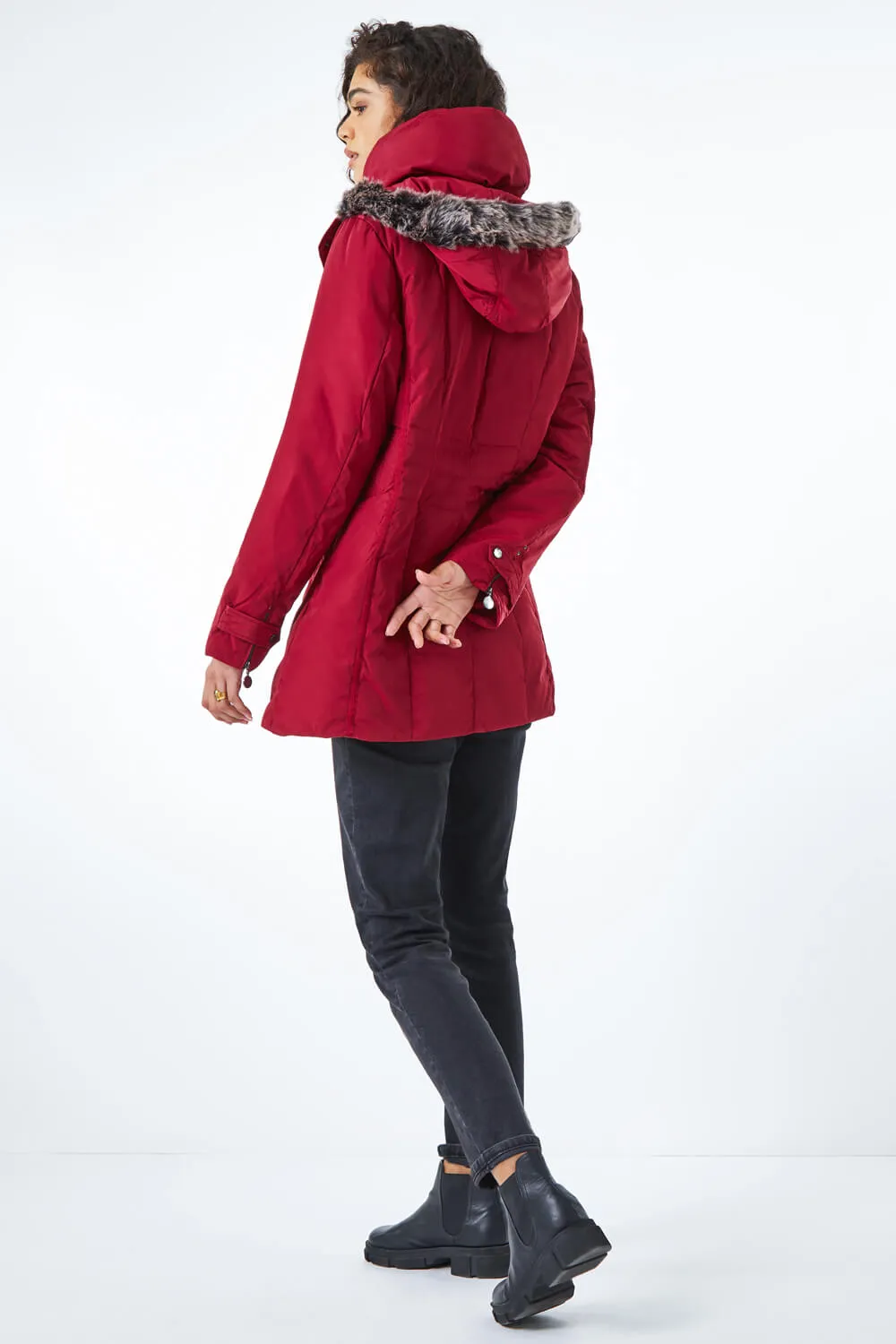 Faux Fur Trim Hooded Coat in Red - Roman Originals UK