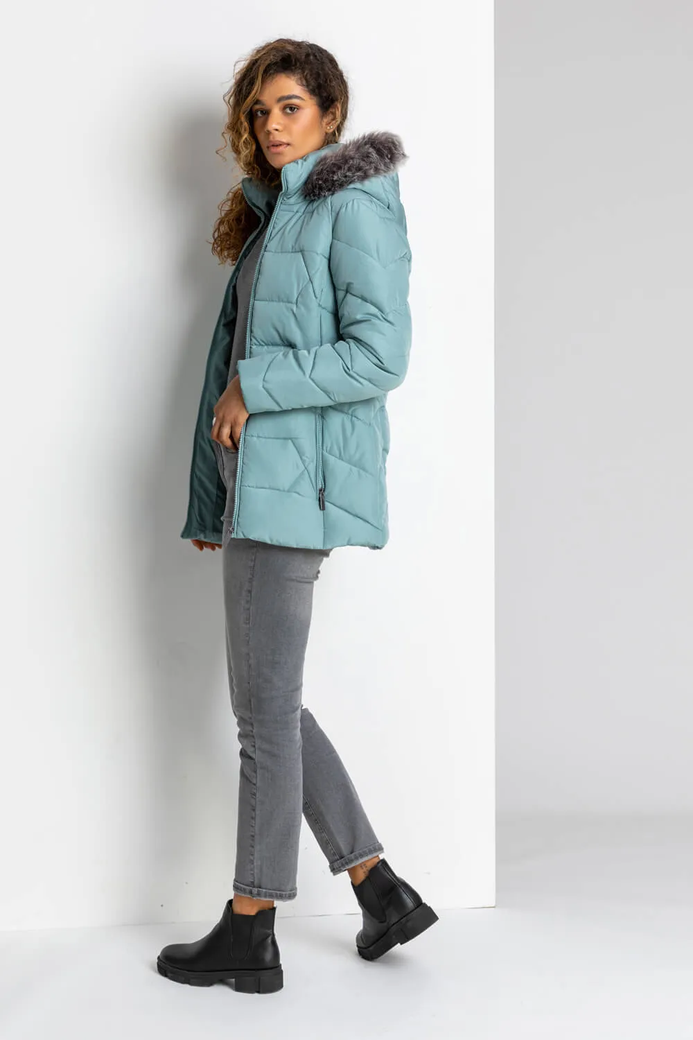 Faux Fur Trim Hooded Coat in Sage - Roman Originals UK