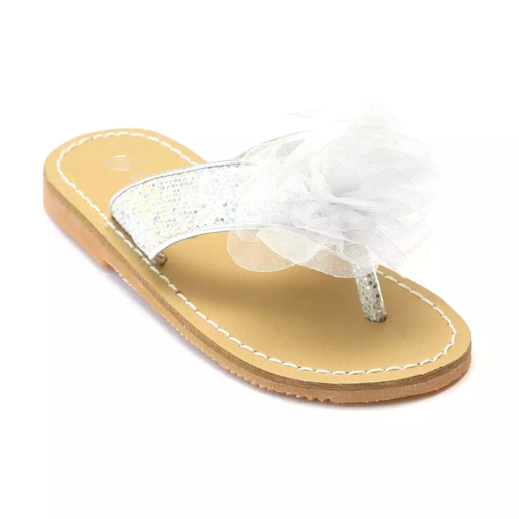 FINAL SALE - L'Amour Girls Silver Organza Flower Thong Sandals