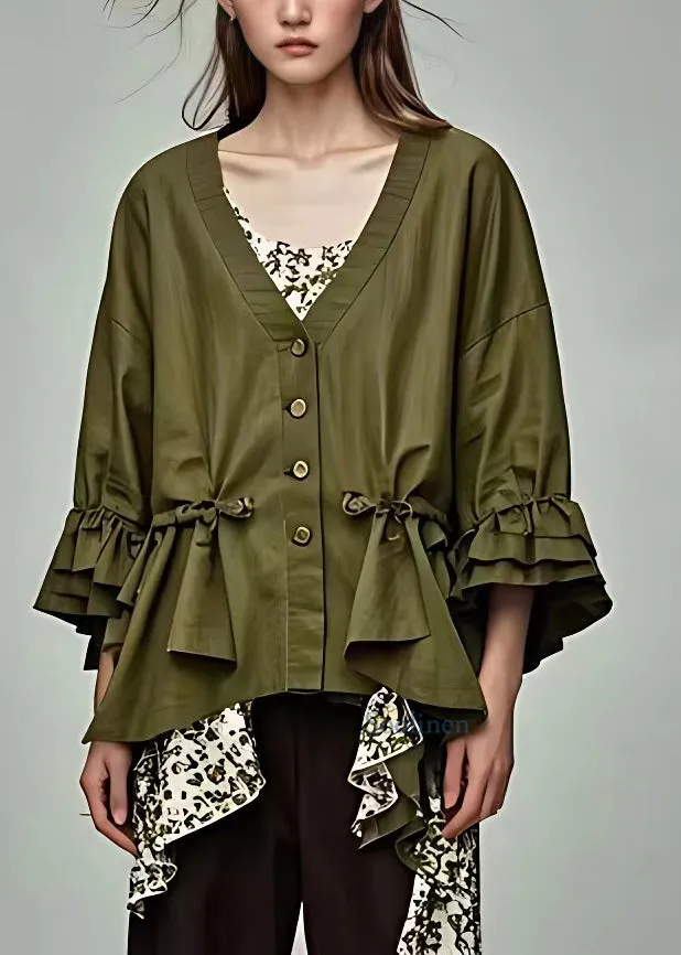 Fitted Green Wrinkled Patchwork Button Coats Fall