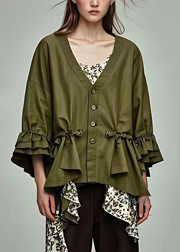 Fitted Green Wrinkled Patchwork Button Coats Fall