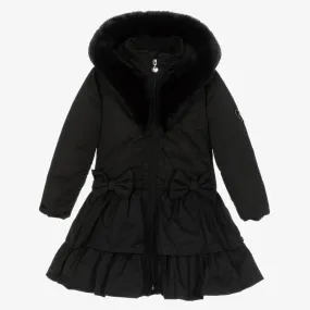 Girls Black Padded Ruffle Hooded Coat