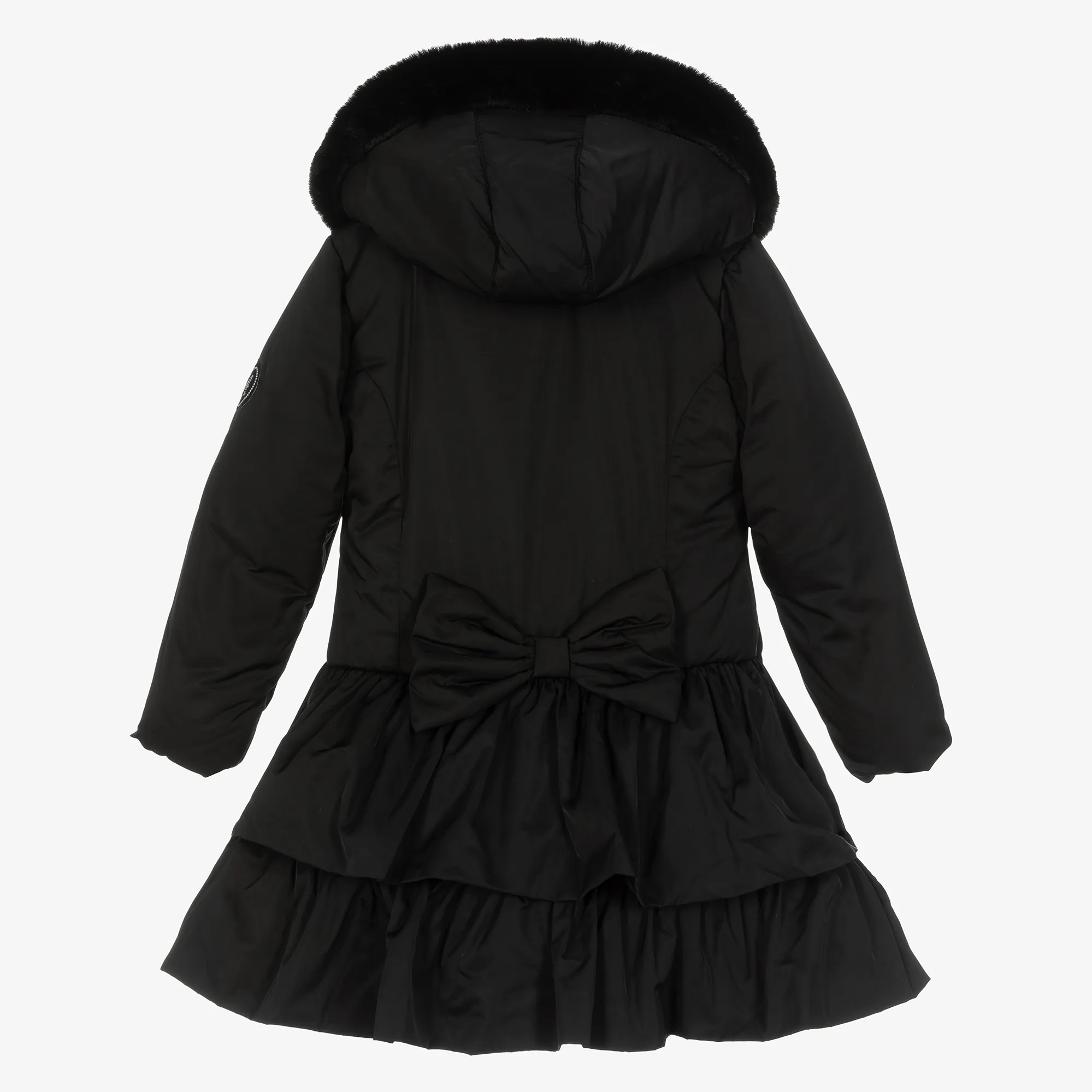 Girls Black Padded Ruffle Hooded Coat