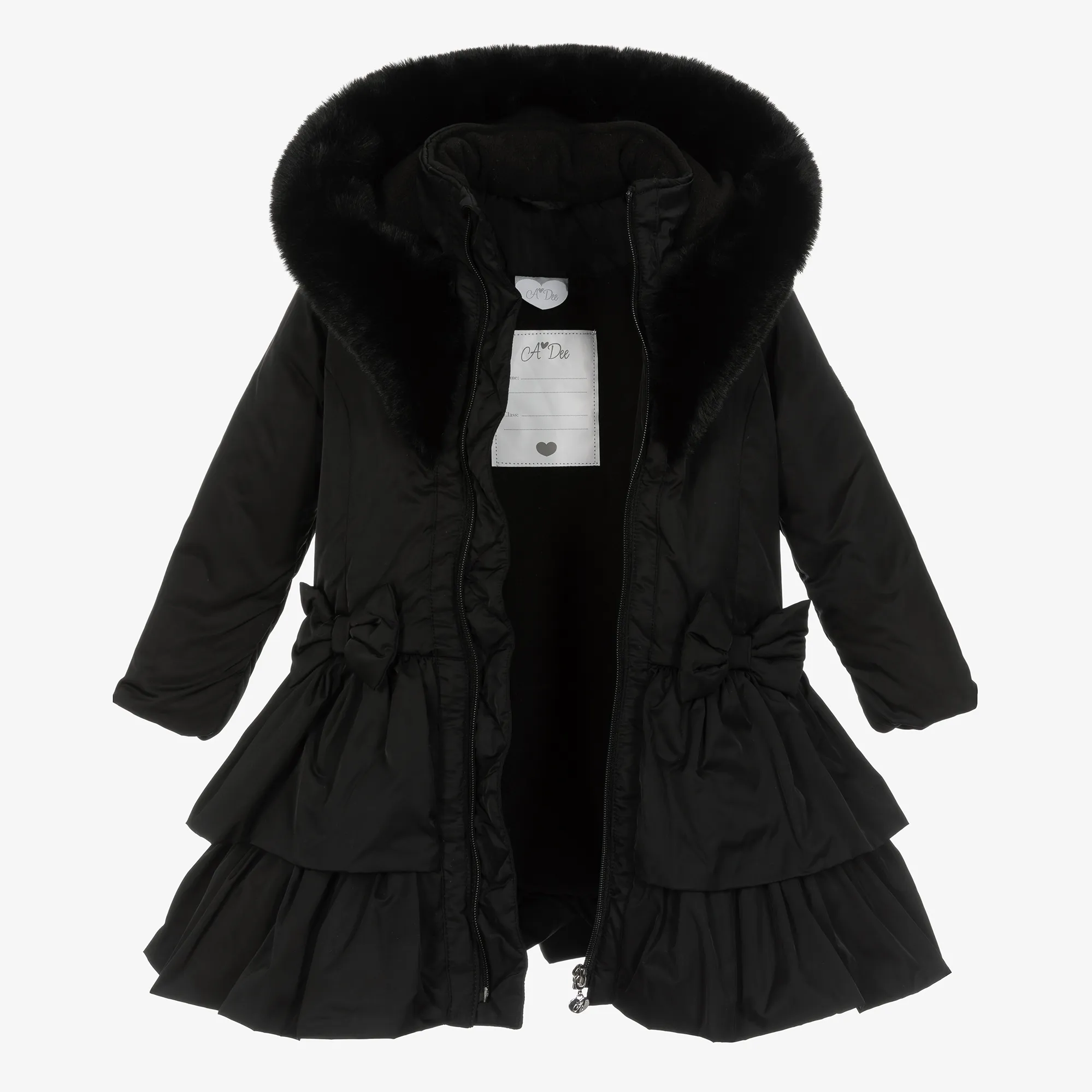 Girls Black Padded Ruffle Hooded Coat