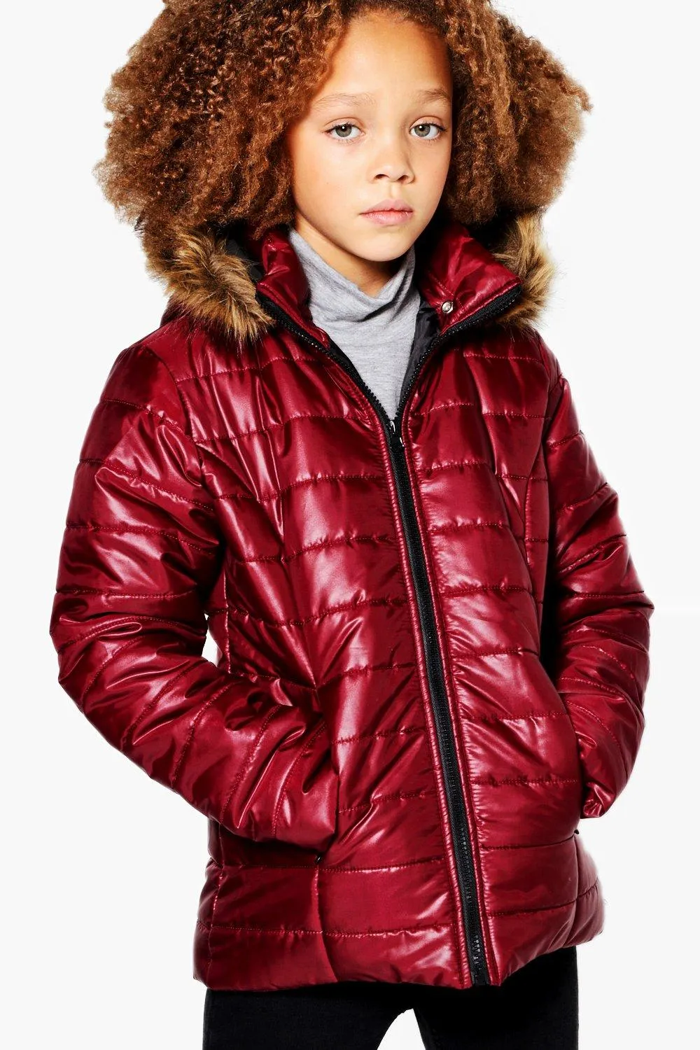 Girls Padded Faux Fur Hooded Coat