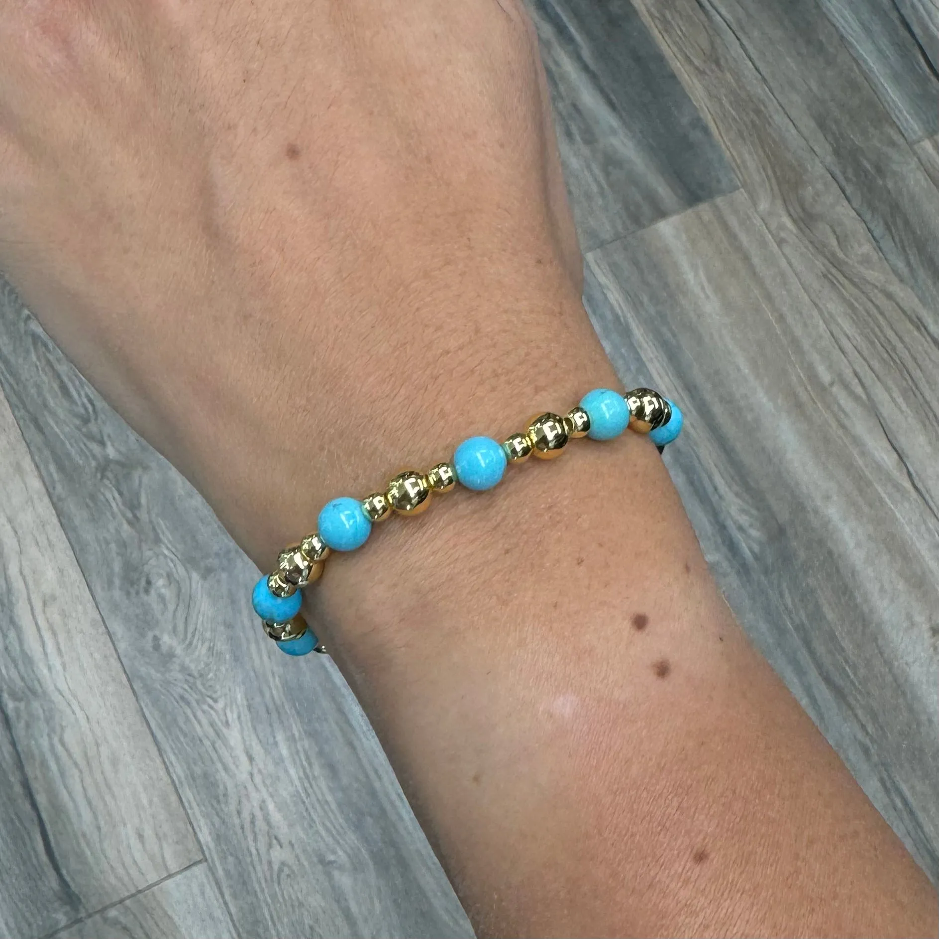 Gold Filled Ball Stretch Bracelet With Large Alternating Turquoise Balls