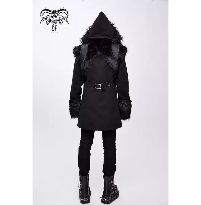 Gothic Women's Stealthy Black Double-breasted Hooded Coat