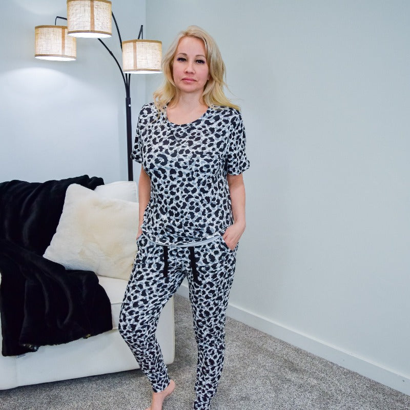 Grey Leopard Print Short Sleeve Pajama Set