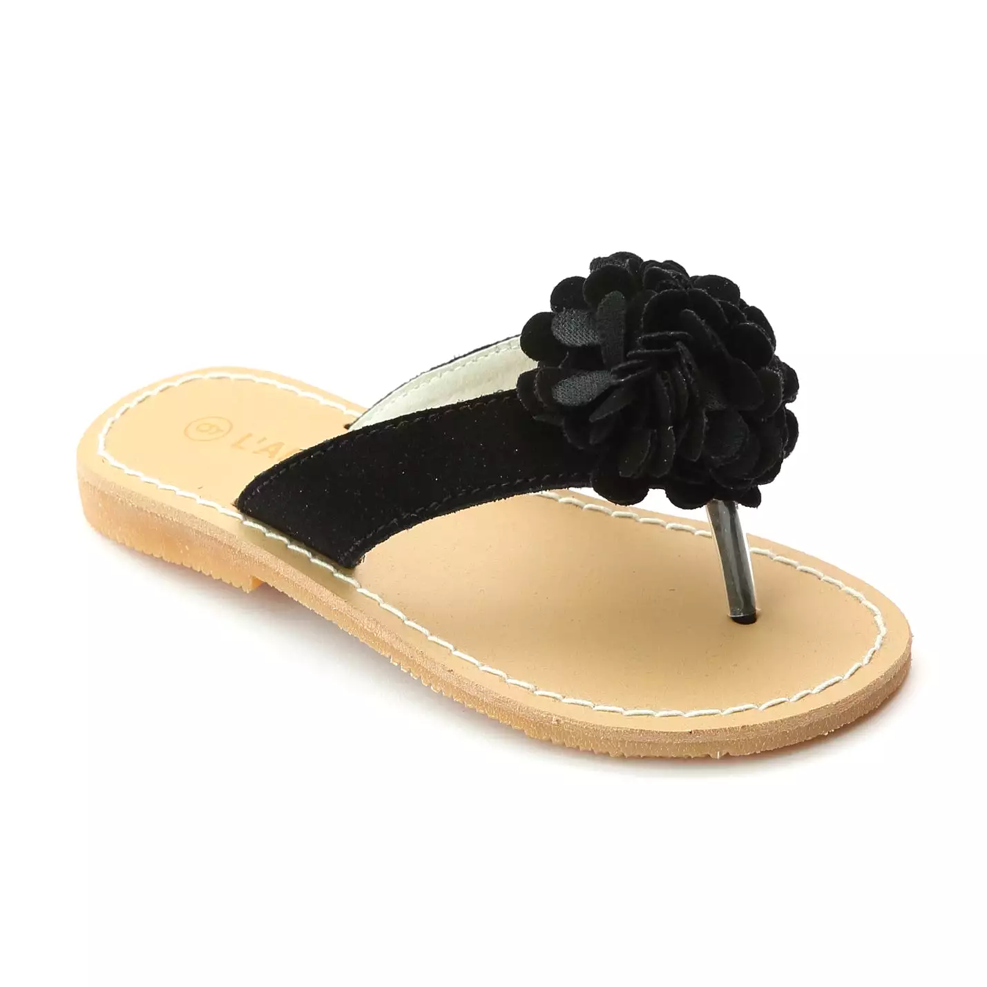 L'Amour Girls Black Pom Pom Thong Sandals