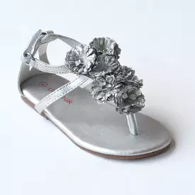 L'Amour Girls C-611 Silver Flower Thong Sandals