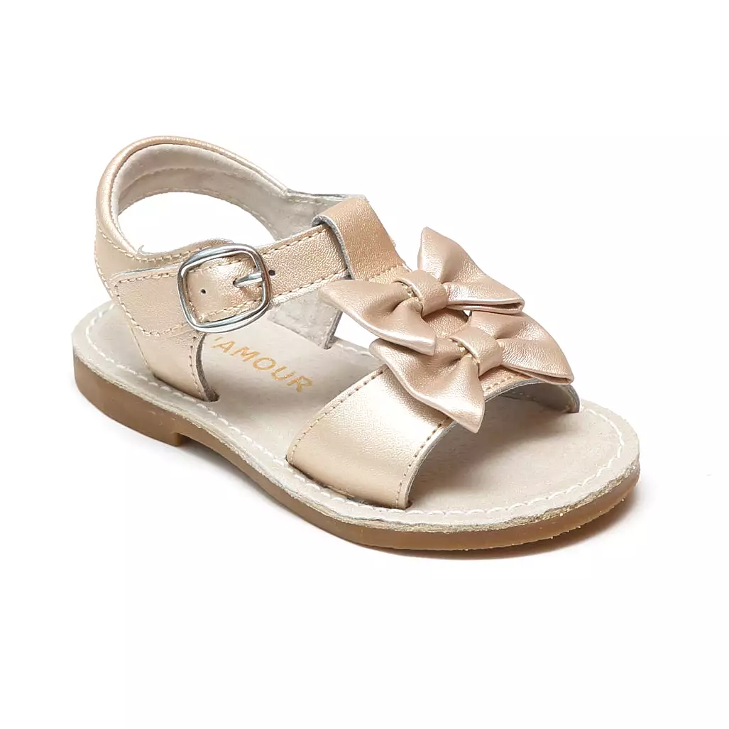 L'Amour Girls Serena Double Bow Open Toe Leather Sandals