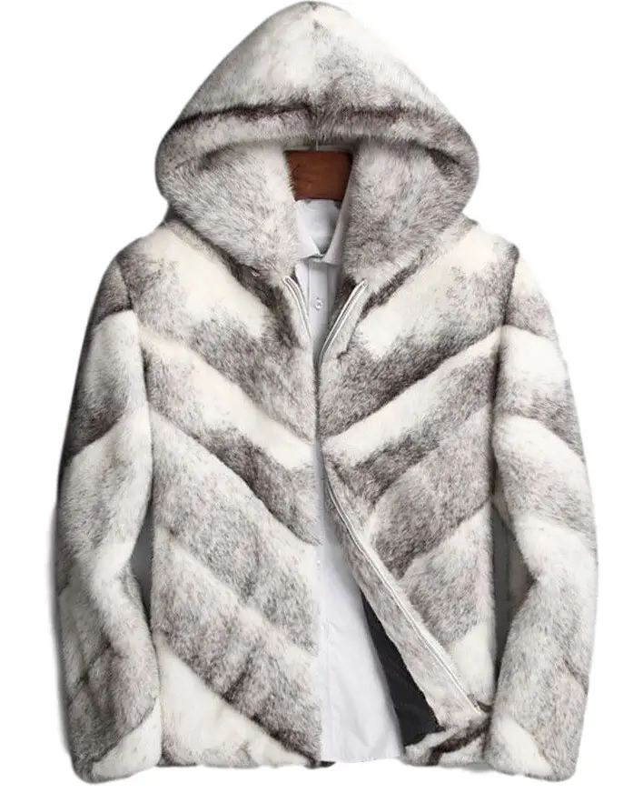 Mens Cross Mink Fur White and Grey Hooded Coat - William Jacket