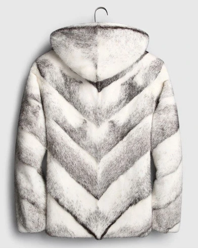 Mens Cross Mink Fur White and Grey Hooded Coat - William Jacket