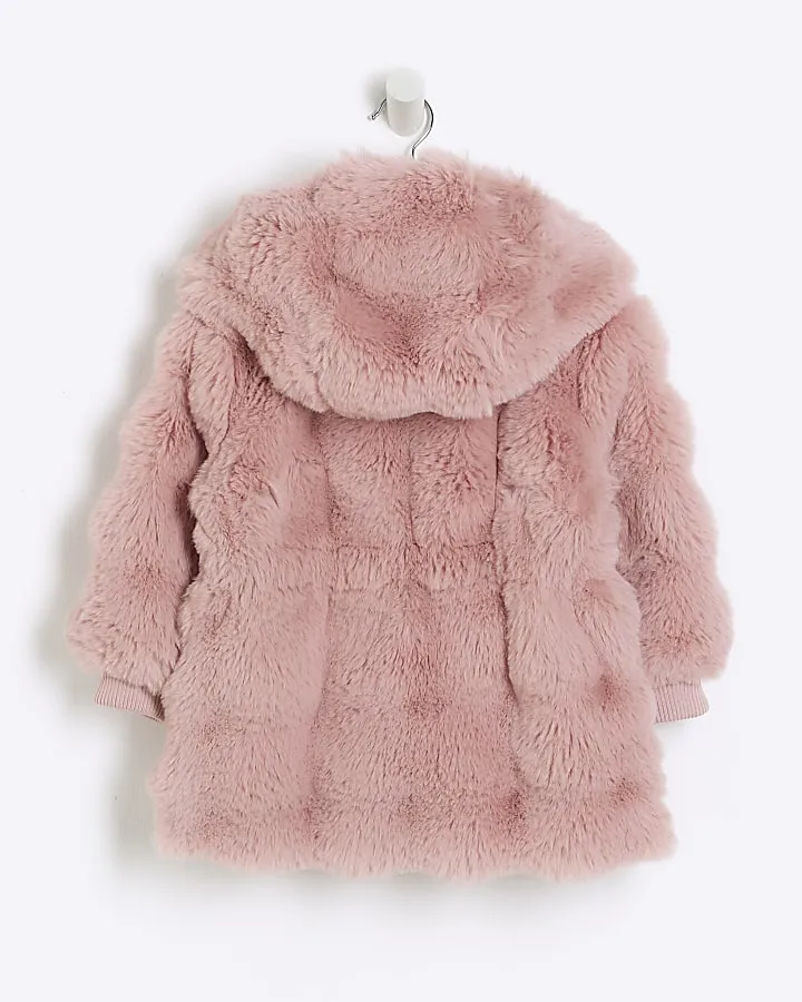 Mini girls pink faux fur hooded coat