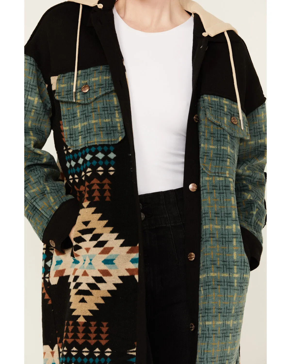 Miss Me Women's Southwestern Print Block Hooded Coat