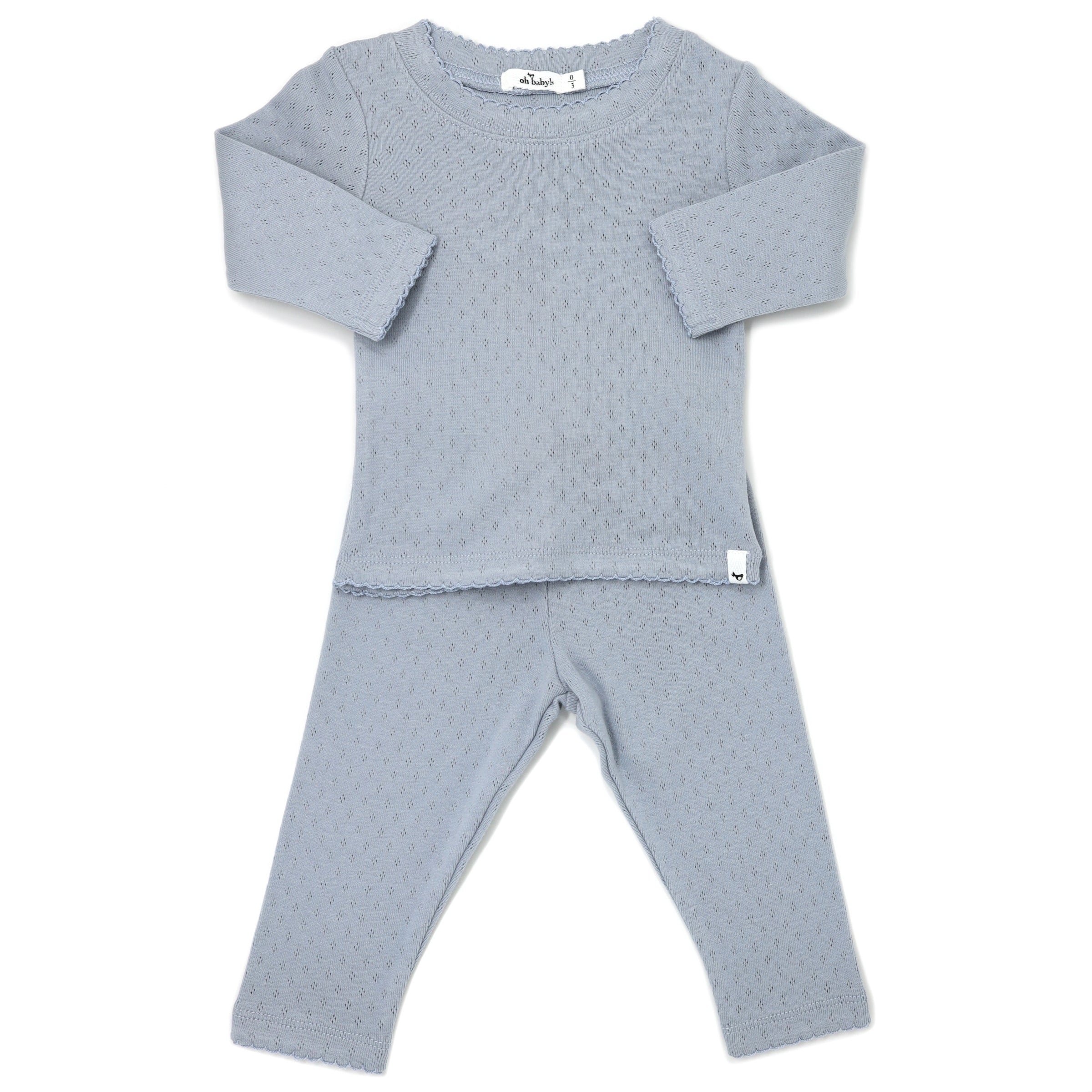 oh baby! Pointelle Lettuce Edge Two Piece Set - Dusty Blue