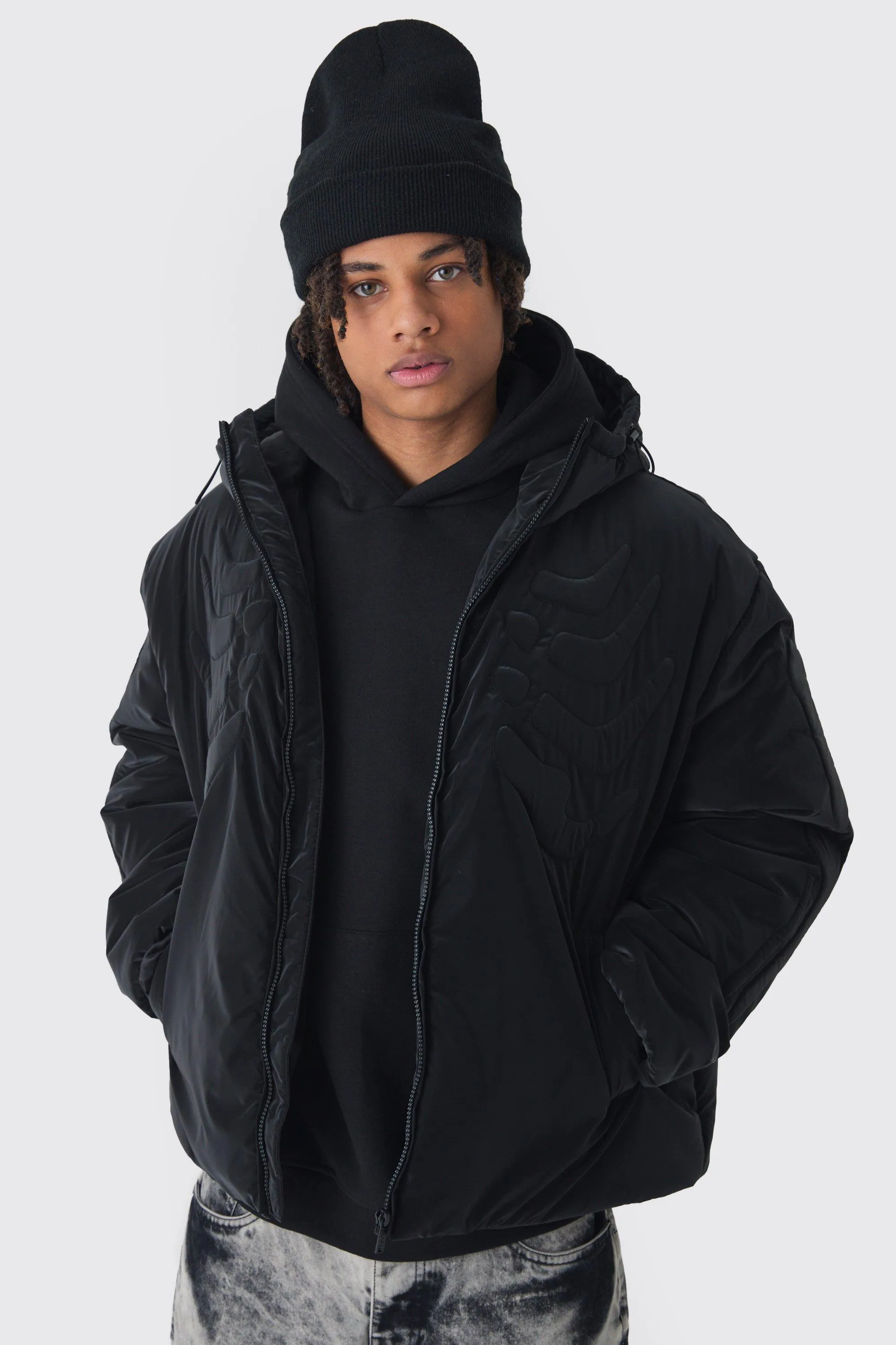 Oversized Skeleton Embossed Hooded Coat In Black