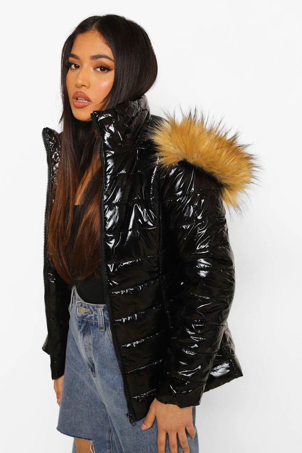 Petite High Shine Faux Fur Trim Hooded Coat