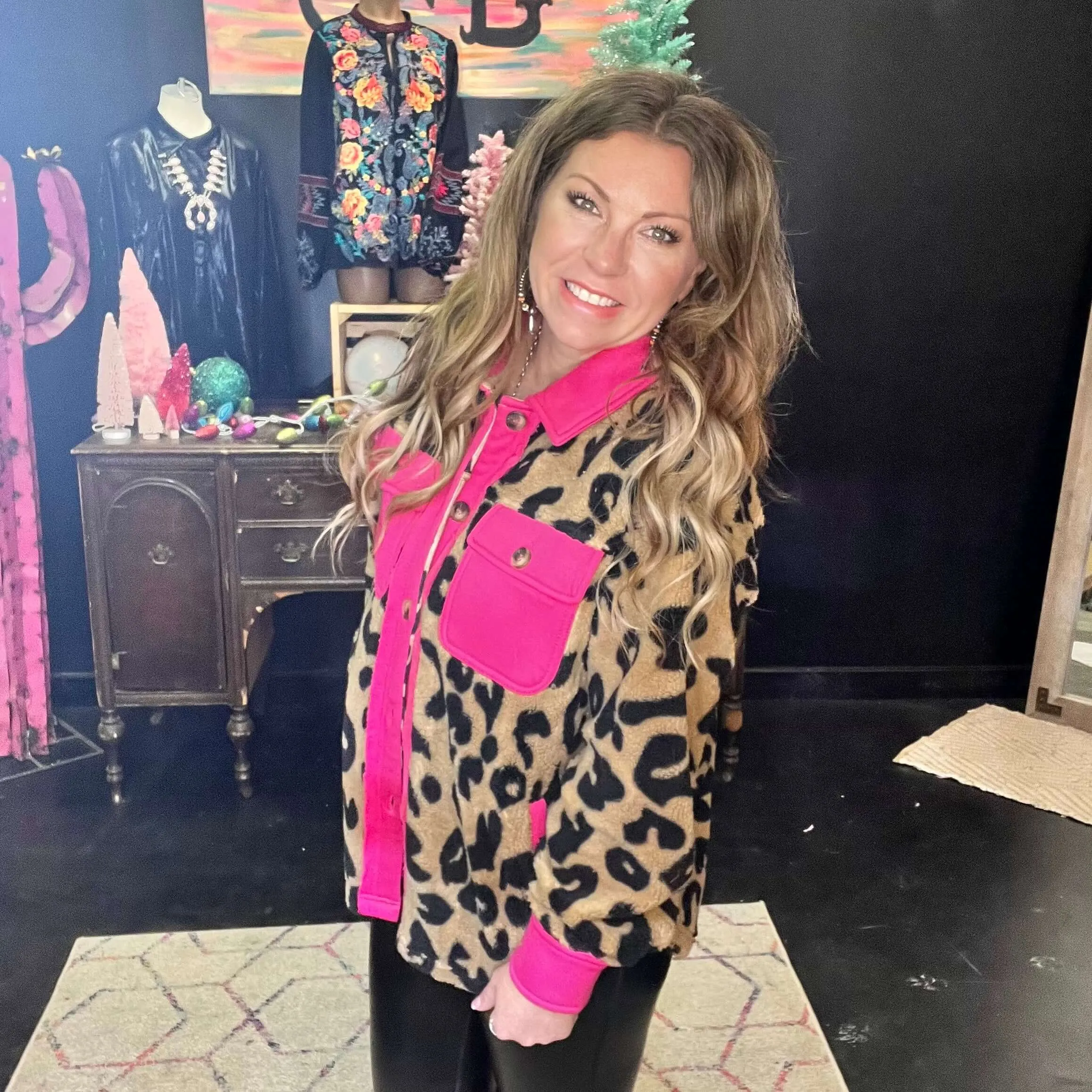 Pink and Animal Print Fuzzy Jacket