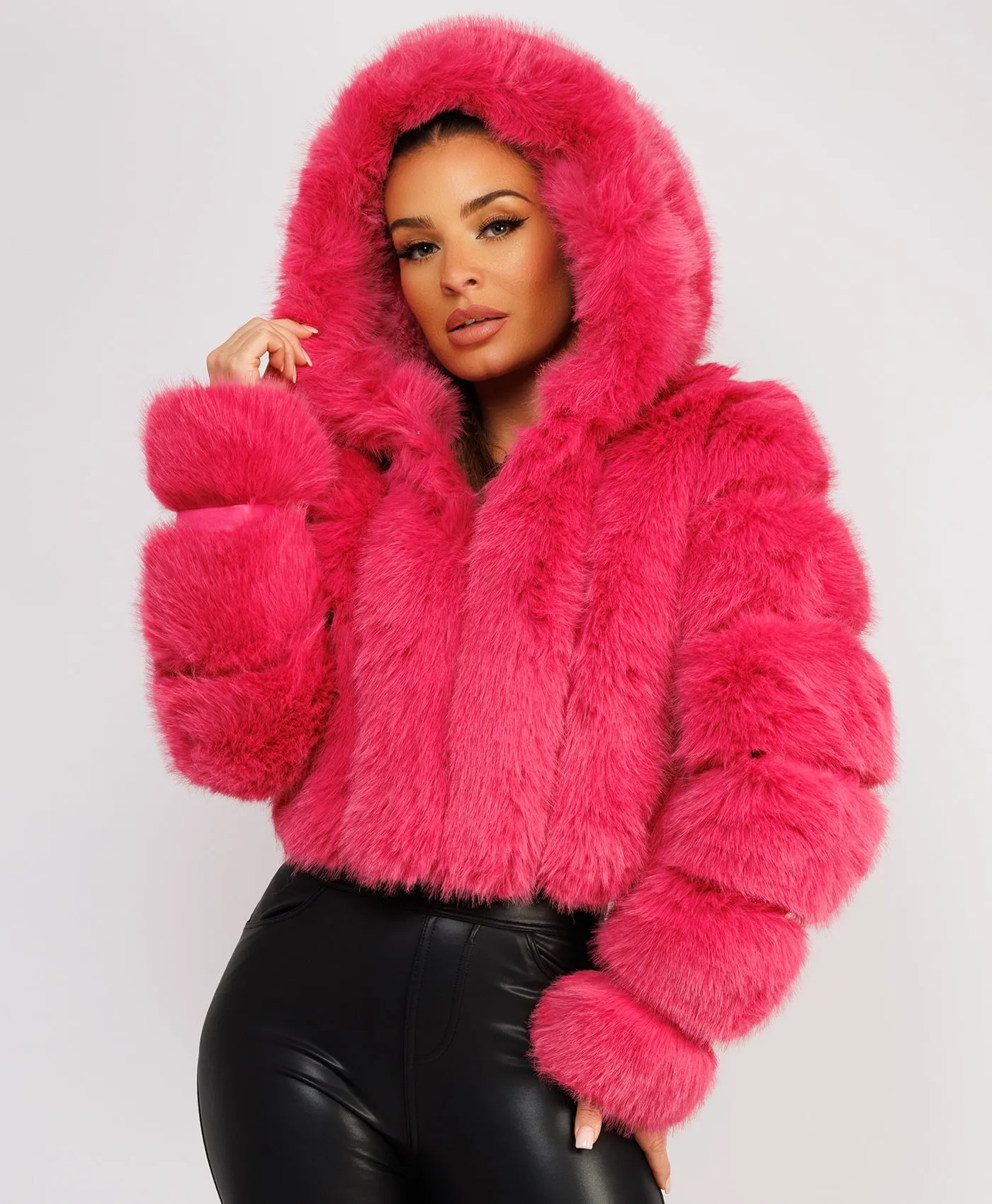 Pink Faux Fur Striped Panel Hooded Coat Jacket